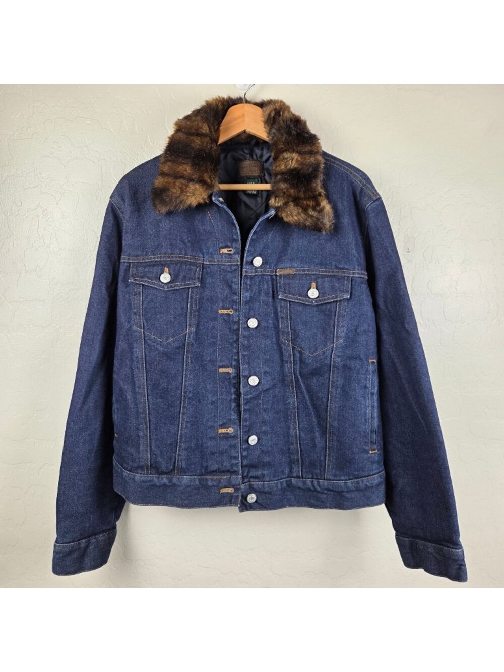 Vintage Ralph Lauren Dark Denim Trucker Jacket w Removable Faux Fur Collar L Y2K